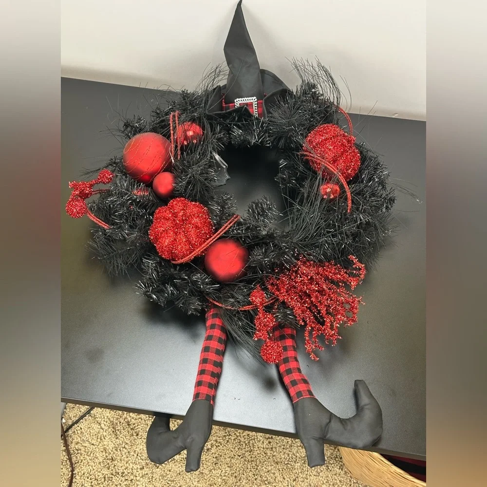 Bella Lux Halloween Witch Leg Wreath Red Black Glitter Baubles Pumpkin Hat Broom